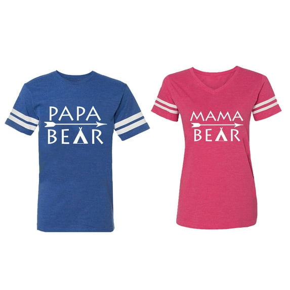 Papa Mama Bear Matching Couple Cotton Jerseys (Men Royal / Women Pink) (Men M / Women L)