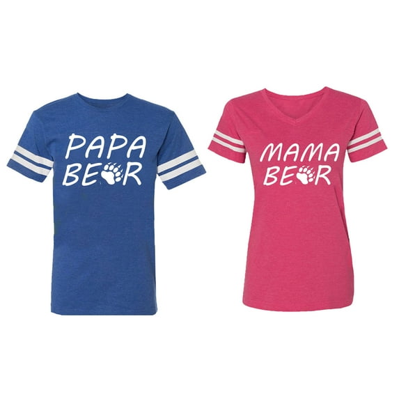 Papa Mama Bear Matching Couple Cotton Jerseys (Men Royal / Women Pink) (Men XXXL / Women XXL)