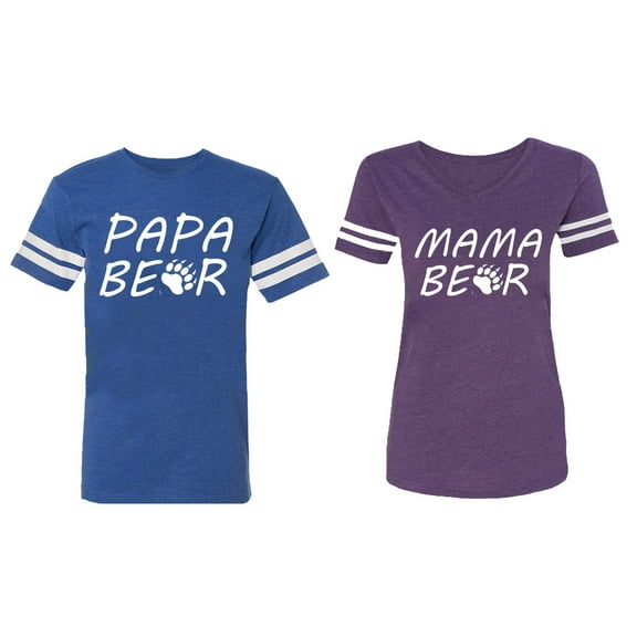 Papa Mama Bear Matching Couple Cotton Jerseys (Men Royal / Women Purple) (Men XXXL / Women XXL)