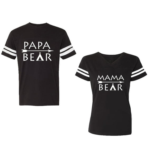 Papa Mama Bear Unisex Couple Matching Cotton Jersey style T-Shirt Contrasting stripes on sleeves (Men Black / Women Black) (Men S / Women S)