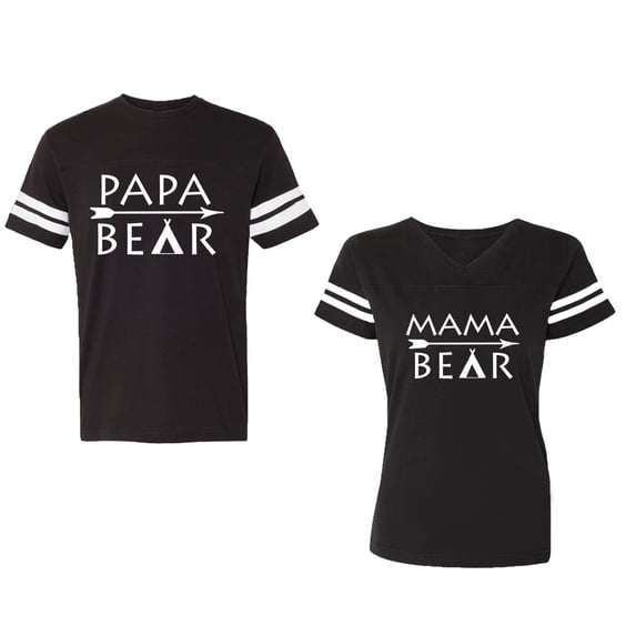 Papa Mama Bear Unisex Couple Matching Cotton Jersey style T-Shirt Contrasting stripes on sleeves (Men Black / Women Black) (Men XXXL / Women XXL)