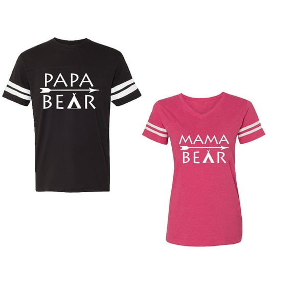 Papa Mama Bear Unisex Couple Matching Cotton Jersey style T-Shirt Contrasting stripes on sleeves (Men Black / Women Pink) (Men M / Women XL)