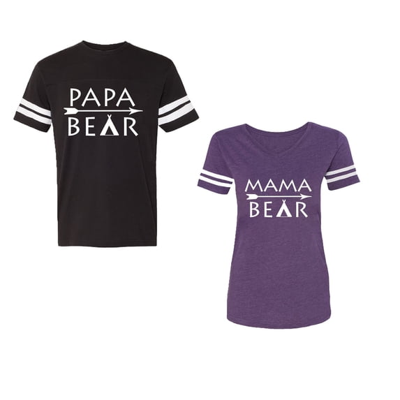 Papa Mama Bear Unisex Couple Matching Cotton Jersey style T-Shirt Contrasting stripes on sleeves (Men Black / Women Purple) (Men XXL / Women S)