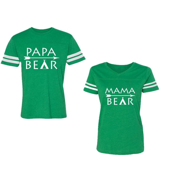 Papa Mama Bear Unisex Couple Matching Cotton Jersey style T-Shirt Contrasting stripes on sleeves (Men Green / Women Green) (Men L / Women L)