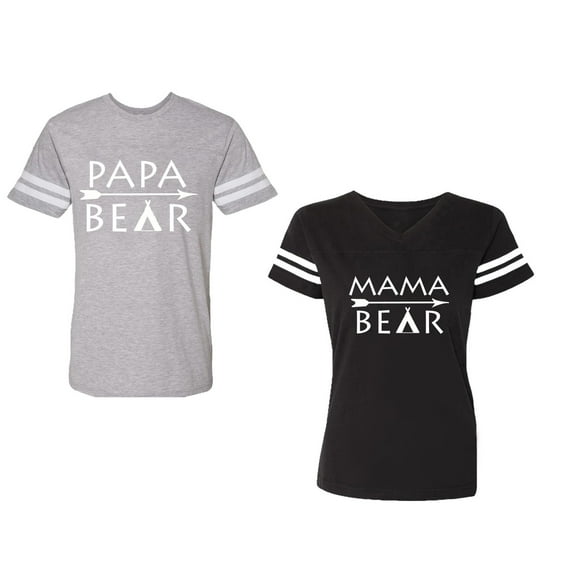 Papa Mama Bear Unisex Couple Matching Cotton Jersey style T-Shirt Contrasting stripes on sleeves (Men Heather / Women Black) (Men S / Women XL)