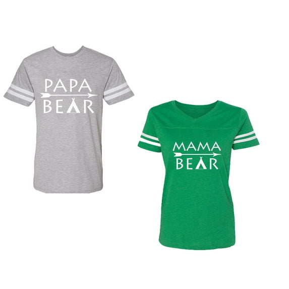 Papa Mama Bear Unisex Couple Matching Cotton Jersey style T-Shirt Contrasting stripes on sleeves (Men Heather / Women Green) (Men XXL / Women XL)