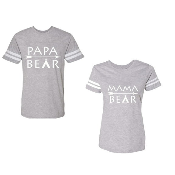 Papa Mama Bear Unisex Couple Matching Cotton Jersey style T-Shirt Contrasting stripes on sleeves (Men Heather / Women Heather) (Men XL / Women XXL)