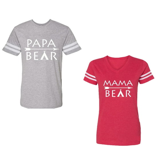 Papa Mama Bear Unisex Couple Matching Cotton Jersey style T-Shirt Contrasting stripes on sleeves (Men Heather / Women Red) (Men S / Women XL)