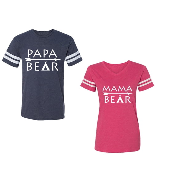 Papa Mama Bear Unisex Couple Matching Cotton Jersey style T-Shirt Contrasting stripes on sleeves (Men Navy / Women Pink) (Men XXL / Women XXL)