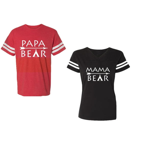Papa Mama Bear Unisex Couple Matching Cotton Jersey style T-Shirt Contrasting stripes on sleeves (Men Red / Women Black) (Men S / Women L)