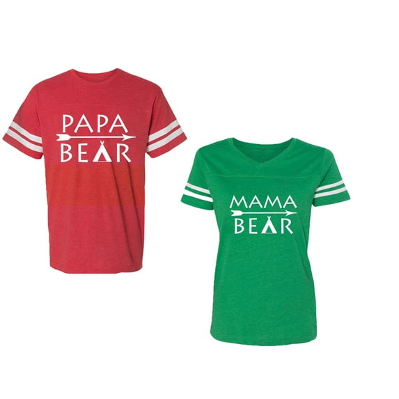 Papa Mama Bear Unisex Couple Matching Cotton Jersey style T-Shirt Contrasting stripes on sleeves (Men Red / Women Green) (Men XXL / Women L)