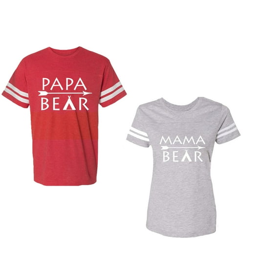 Papa Mama Bear Unisex Couple Matching Cotton Jersey style T-Shirt Contrasting stripes on sleeves (Men Red / Women Heather) (Men M / Women XXL)