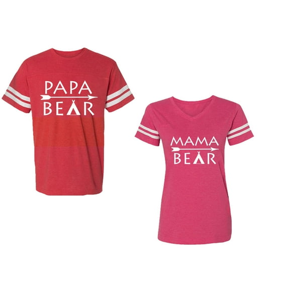 Papa Mama Bear Unisex Couple Matching Cotton Jersey style T-Shirt Contrasting stripes on sleeves (Men Red / Women Pink) (Men XL / Women S)