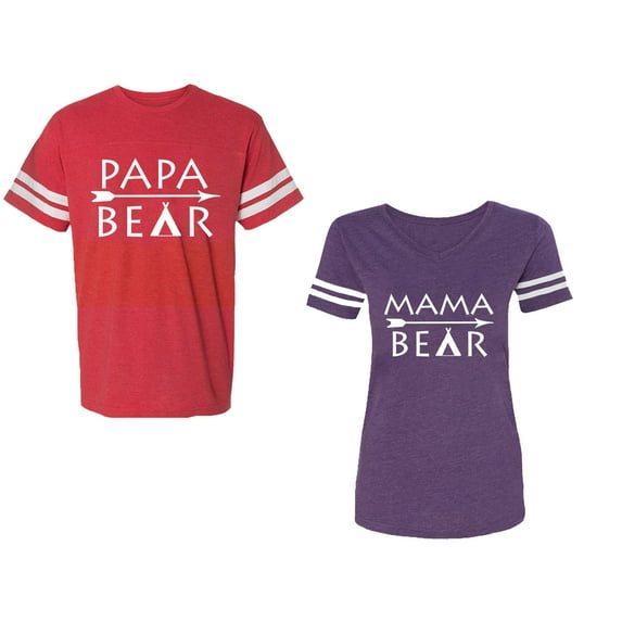Papa Mama Bear Unisex Couple Matching Cotton Jersey style T-Shirt Contrasting stripes on sleeves (Men Red / Women Purple) (Men M / Women S)