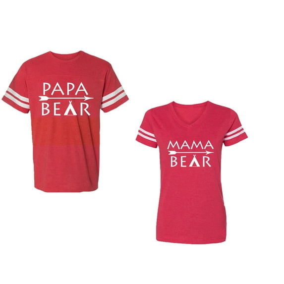 Papa Mama Bear Unisex Couple Matching Cotton Jersey style T-Shirt Contrasting stripes on sleeves (Men Red / Women Red) (Men XL / Women L)