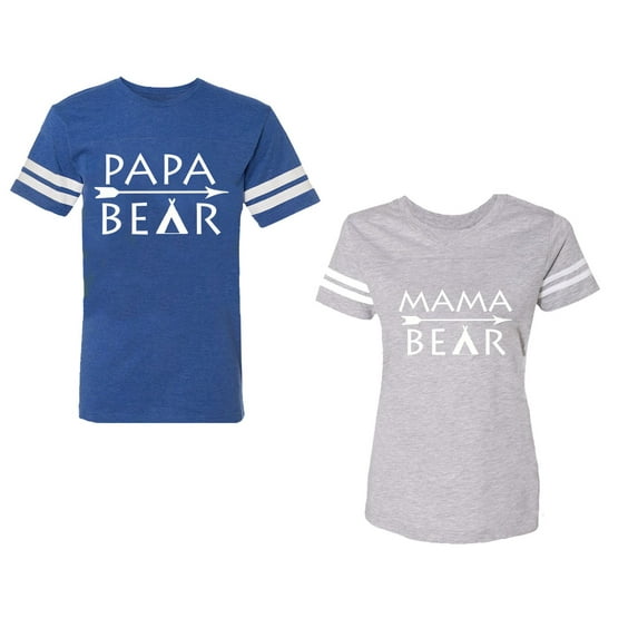 Papa Mama Bear Unisex Couple Matching Cotton Jersey style T-Shirt Contrasting stripes on sleeves (Men Royal / Women Heather) (Men L / Women L)