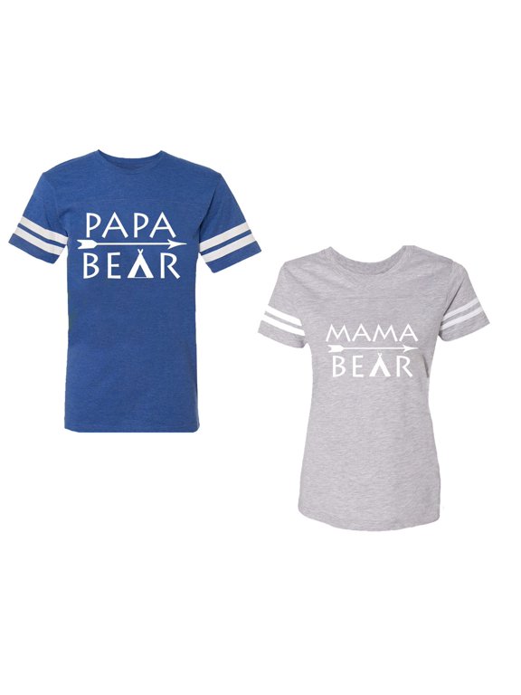 Papa Mama Bear Unisex Couple Matching Cotton Jersey style T-Shirt Contrasting stripes on sleeves (Men Royal / Women Heather) (Men L / Women L)