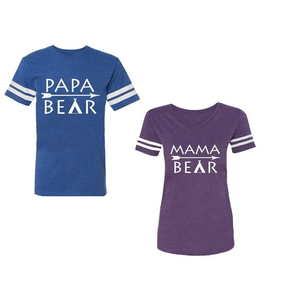 Papa Mama Bear Unisex Couple Matching Cotton Jersey style T-Shirt Contrasting stripes on sleeves (Men Royal / Women Purple) (Men M / Women XL)