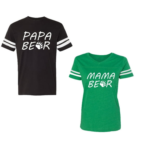 Papa Mama BearUnisex Couple Matching Cotton Jersey style T-Shirt Contrasting stripes on sleeves (Men Black / Women Green) (Men M / Women XL)