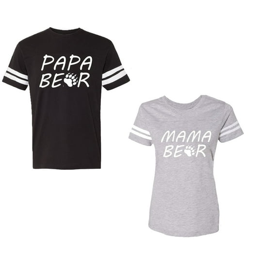 Papa Mama BearUnisex Couple Matching Cotton Jersey style T-Shirt Contrasting stripes on sleeves (Men Black / Women Heather) (Men S / Women L)
