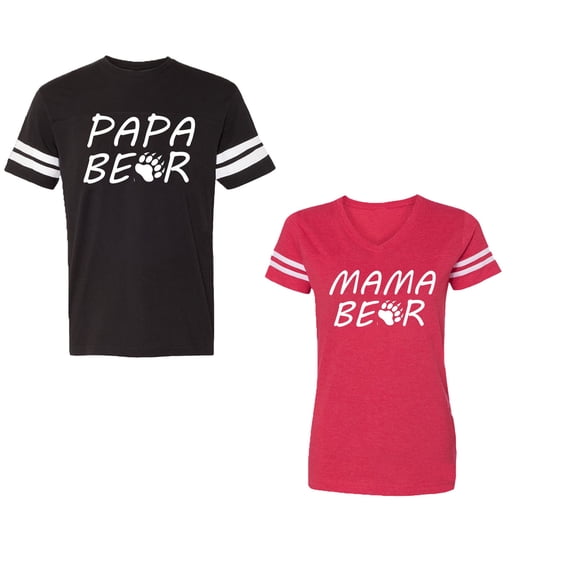 Papa Mama BearUnisex Couple Matching Cotton Jersey style T-Shirt Contrasting stripes on sleeves (Men Black / Women Red) (Men M / Women XXL)