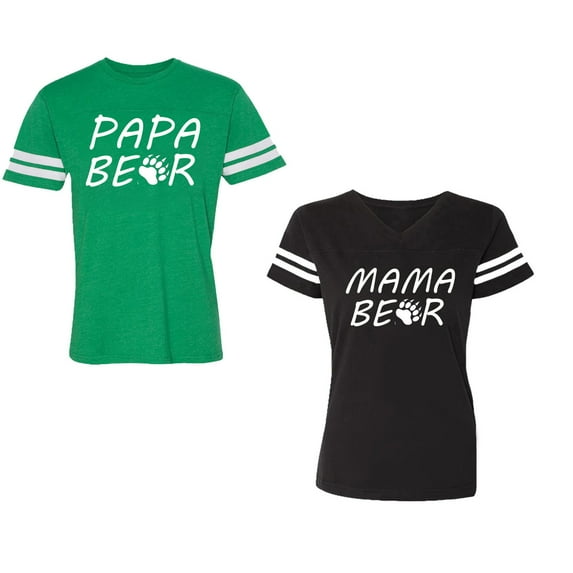 Papa Mama BearUnisex Couple Matching Cotton Jersey style T-Shirt Contrasting stripes on sleeves (Men Green / Women Black) (Men XL / Women XL)
