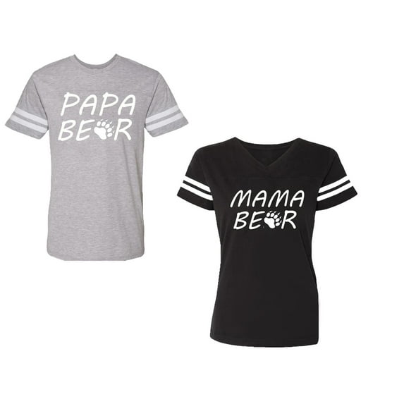 Papa Mama BearUnisex Couple Matching Cotton Jersey style T-Shirt Contrasting stripes on sleeves (Men Heather / Women Black) (Men S / Women S)
