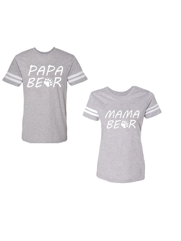 Papa Mama BearUnisex Couple Matching Cotton Jersey style T-Shirt Contrasting stripes on sleeves (Men Heather / Women Heather) (Men L / Women L)