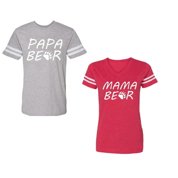 Papa Mama BearUnisex Couple Matching Cotton Jersey style T-Shirt Contrasting stripes on sleeves (Men Heather / Women Red) (Men XL / Women L)