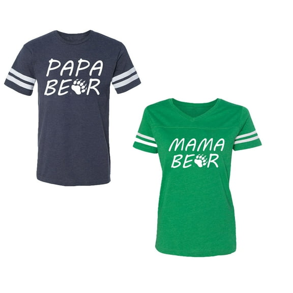 Papa Mama BearUnisex Couple Matching Cotton Jersey style T-Shirt Contrasting stripes on sleeves (Men Navy / Women Green) (Men L / Women M)