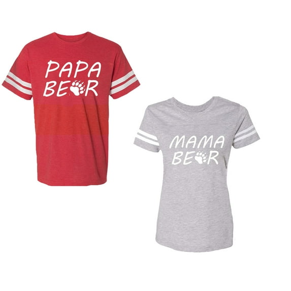 Papa Mama BearUnisex Couple Matching Cotton Jersey style T-Shirt Contrasting stripes on sleeves (Men Red / Women Heather) (Men XL / Women XL)