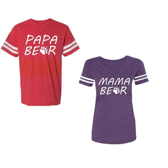 Papa Mama BearUnisex Couple Matching Cotton Jersey style T-Shirt Contrasting stripes on sleeves (Men Red / Women Purple) (Men L / Women XXL)