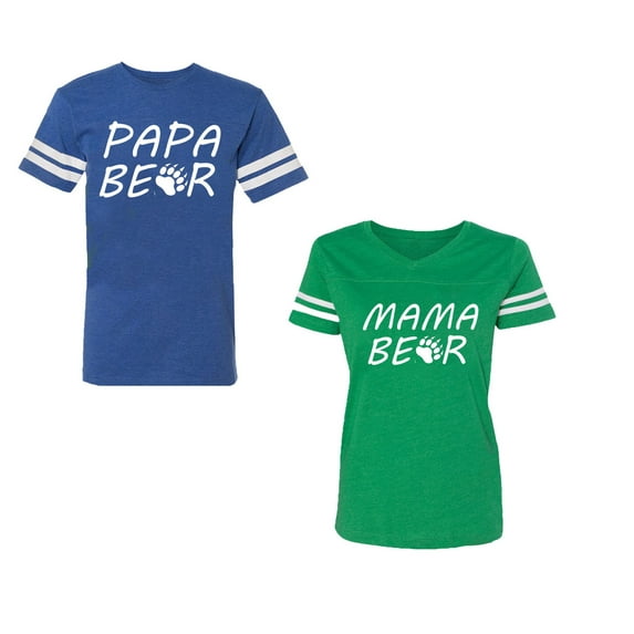 Papa Mama BearUnisex Couple Matching Cotton Jersey style T-Shirt Contrasting stripes on sleeves (Men Royal / Women Green) (Men M / Women XXL)