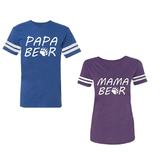 Papa Mama BearUnisex Couple Matching Cotton Jersey style T-Shirt Contrasting stripes on sleeves (Men Royal / Women Purple) (Men L / Women S)