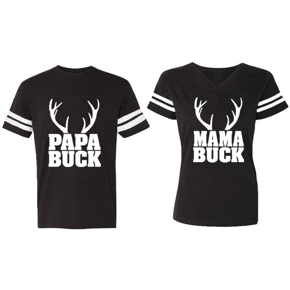 Papa Mama Buck Matching Couple Cotton Jerseys (Men Black / Women Black) (Men S / Women S)