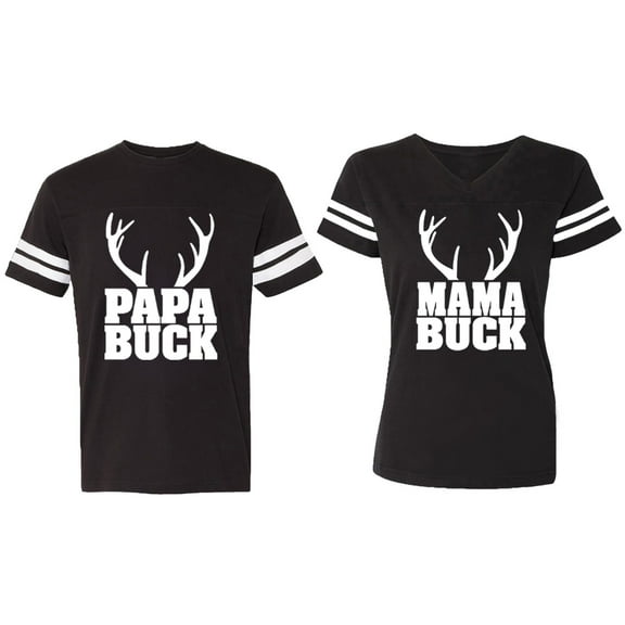 Papa Mama Buck Matching Couple Cotton Jerseys (Men Black / Women Black) (Men S / Women S)