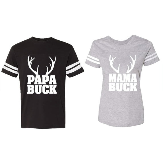 Papa Mama Buck Matching Couple Cotton Jerseys (Men Black / Women Heather) (Men S / Women L)