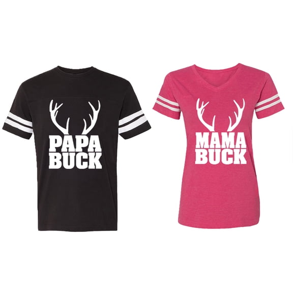 Papa Mama Buck Matching Couple Cotton Jerseys (Men Black / Women Pink) (Men M / Women L)