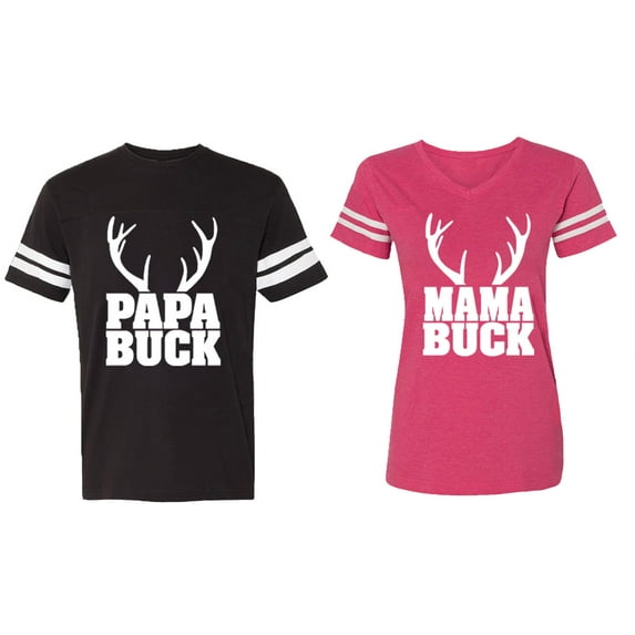 Papa Mama Buck Matching Couple Cotton Jerseys (Men Black / Women Pink) (Men XL / Women XXL)