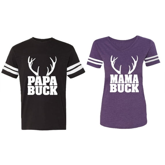 Papa Mama Buck Matching Couple Cotton Jerseys (Men Black / Women Purple) (Men S / Women S)