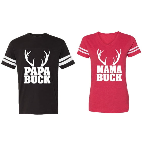 Papa Mama Buck Matching Couple Cotton Jerseys (Men Black / Women Red) (Men L / Women XXL)