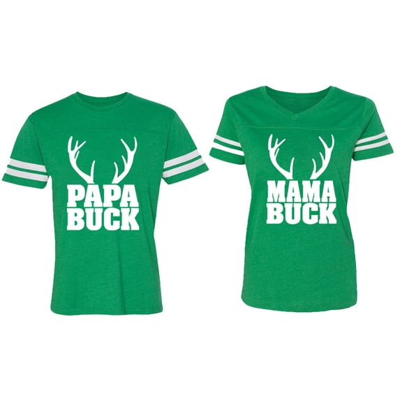 Papa Mama Buck Matching Couple Cotton Jerseys (Men Green / Women Green) (Men XXL / Women L)