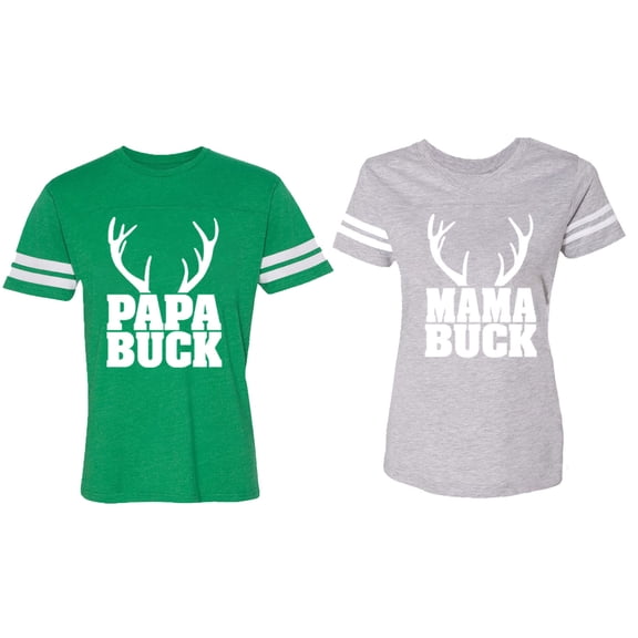 Papa Mama Buck Matching Couple Cotton Jerseys (Men Green / Women Heather) (Men XL / Women L)