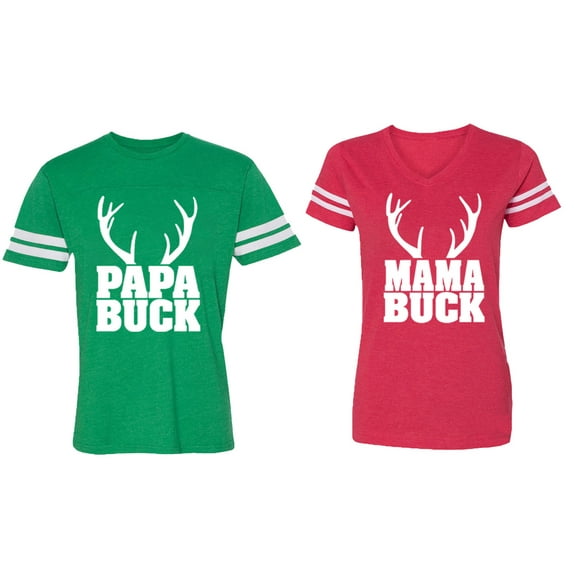 Papa Mama Buck Matching Couple Cotton Jerseys (Men Green / Women Red) (Men M / Women XXL)