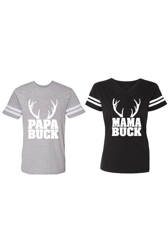Papa Mama Buck Matching Couple Cotton Jerseys (Men Heather / Women Black) (Men S / Women S)
