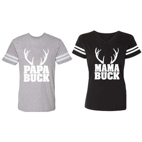 Papa Mama Buck Matching Couple Cotton Jerseys (Men Heather / Women Black) (Men XXL / Women XXL)