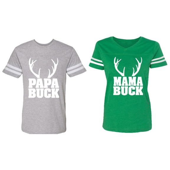 Papa Mama Buck Matching Couple Cotton Jerseys (Men Heather / Women Green) (Men XL / Women XXL)