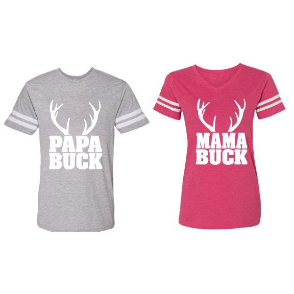 Papa Mama Buck Matching Couple Cotton Jerseys (Men Heather / Women Pink) (Men L / Women M)