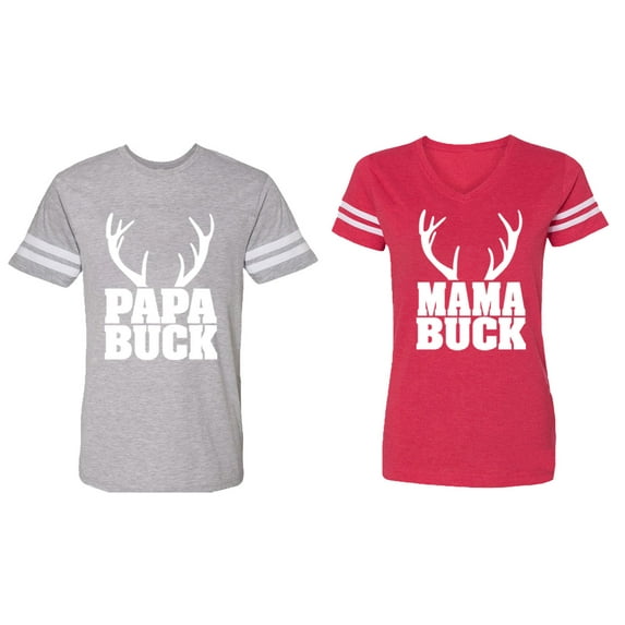 Papa Mama Buck Matching Couple Cotton Jerseys (Men Heather / Women Red) (Men L / Women XL)
