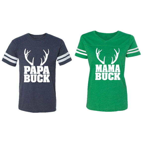 Papa Mama Buck Matching Couple Cotton Jerseys (Men Navy / Women Green) (Men XXL / Women L)